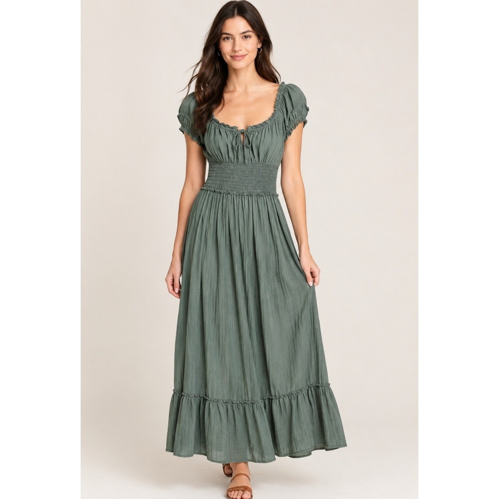 Old Navy Smocked Waist Midi Dress Green Cotton Blend Tiered Boho 690737-01 L